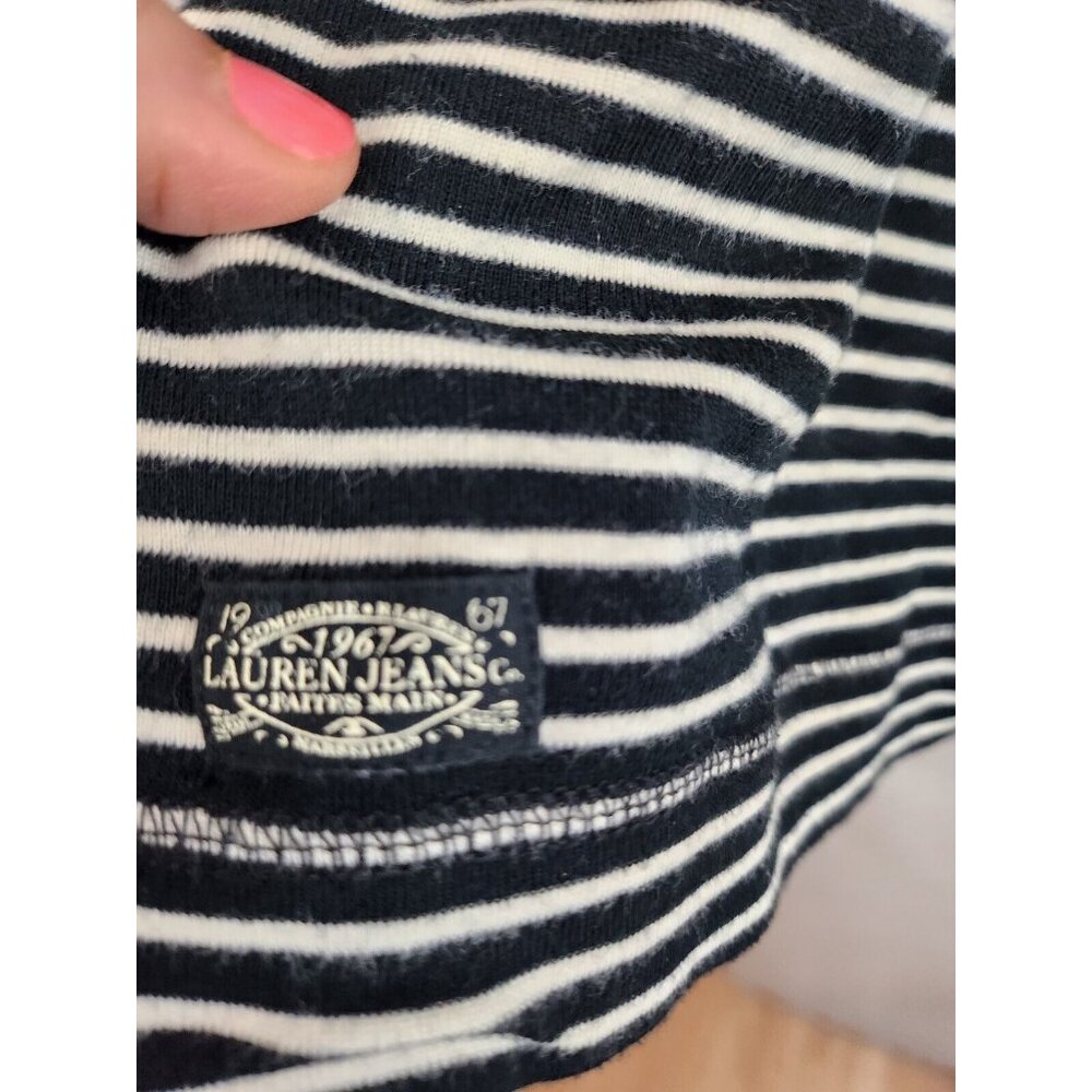 Lauren Ralph Lauren Womens Top Large Black White Striped Elbow Patch Long Sleeve - Picture 5 of 7